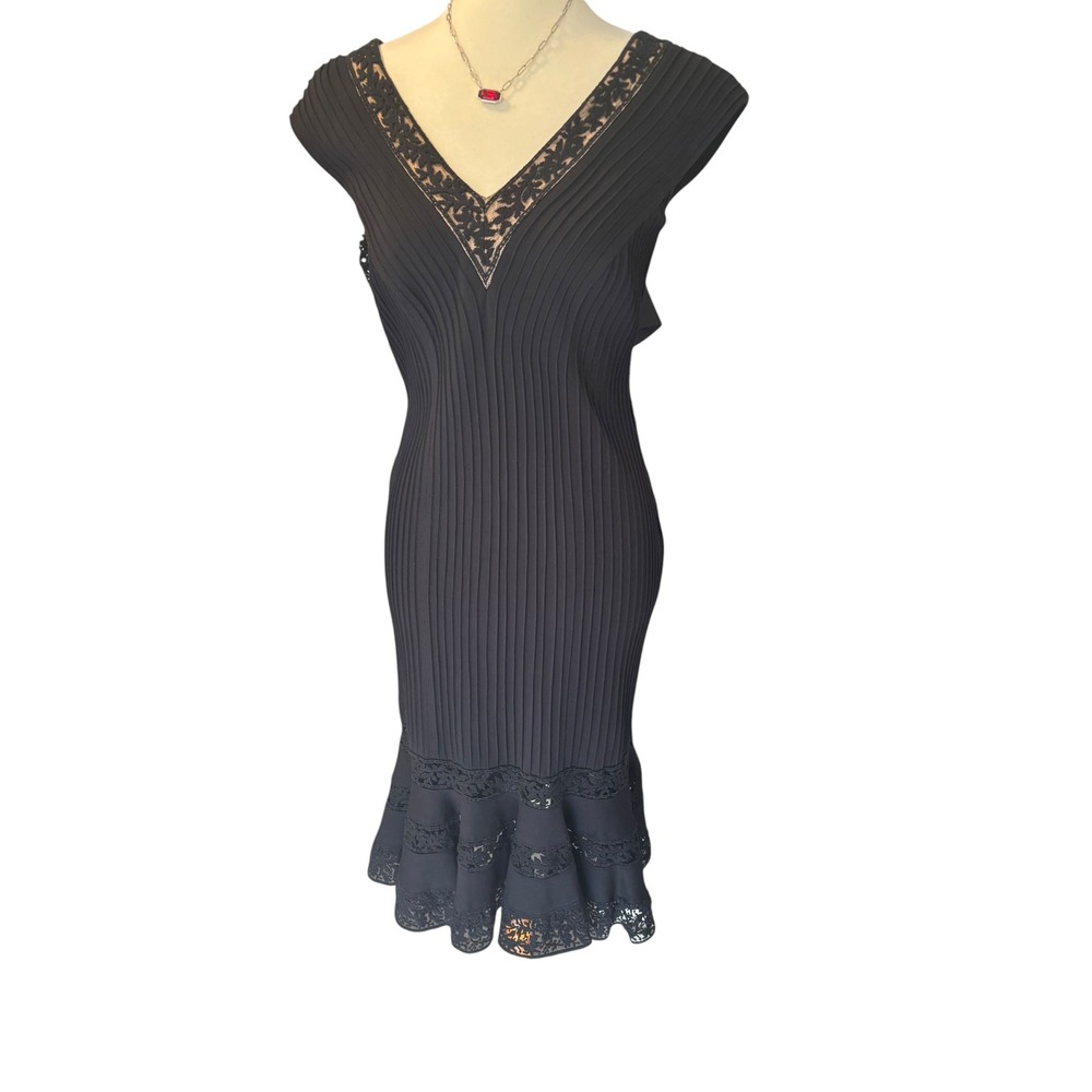 Tadashi Shoji Black Pintuck Pleated Lace Trim Cocktail Dress 6L1303M Womens S